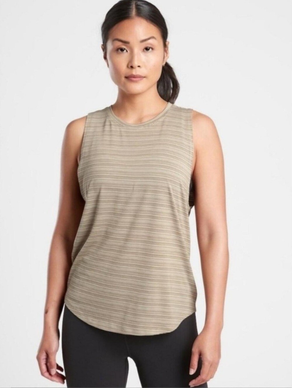 Athleta Striped High Neck Muscle Tank Top Size S Green Tan Zephyr Renew